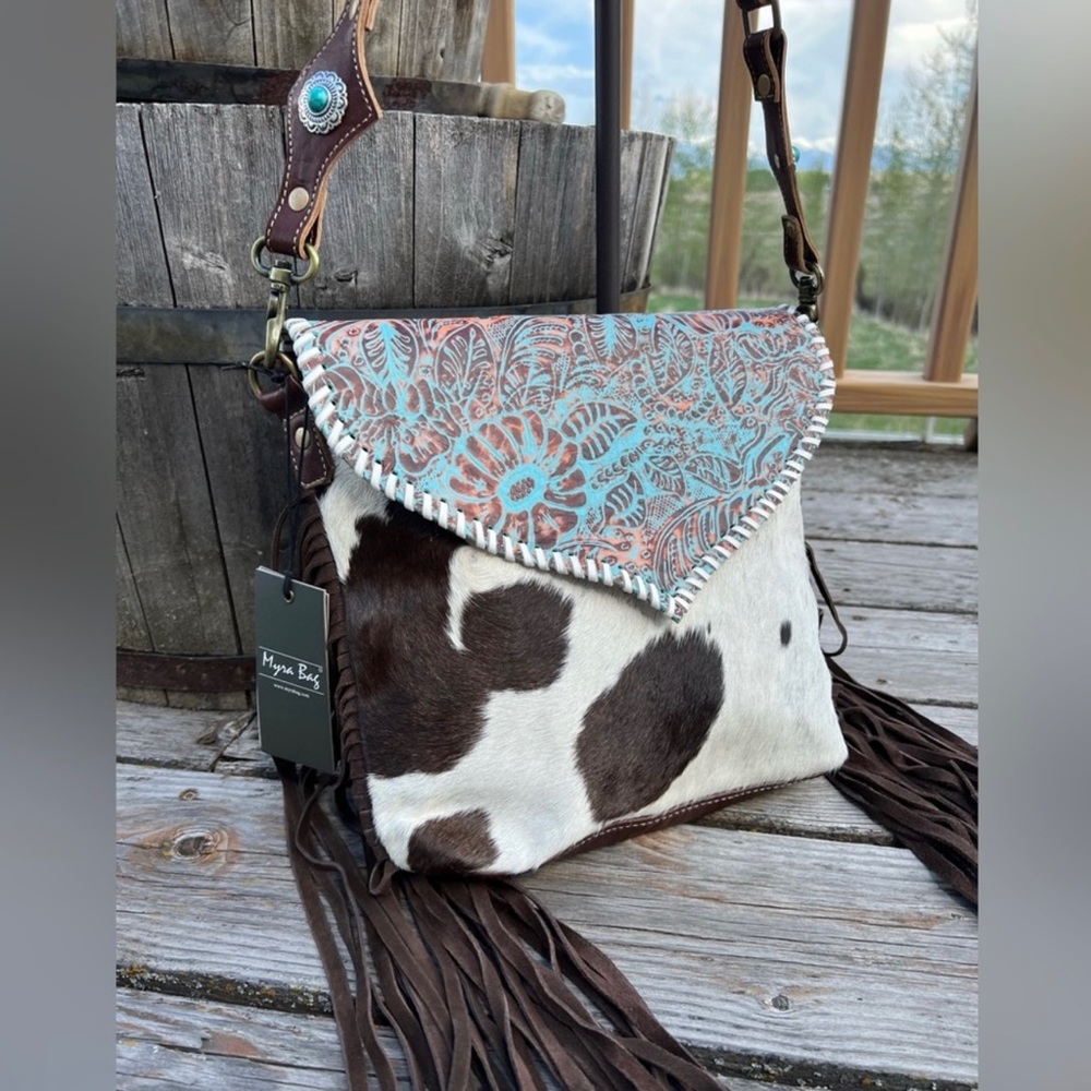 NEW RELEASE 🔥Cowhide Tooled Leather Fringe Turquoise green Myra Bag Brown White